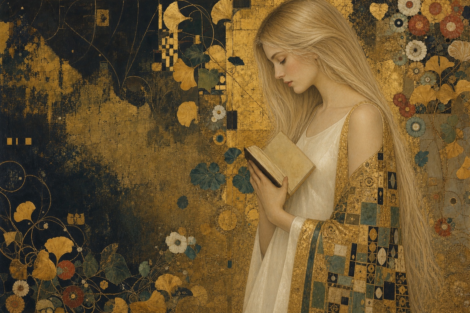 A long-haired blonde woman reading amid gold leaf, mosaics, and flowers.